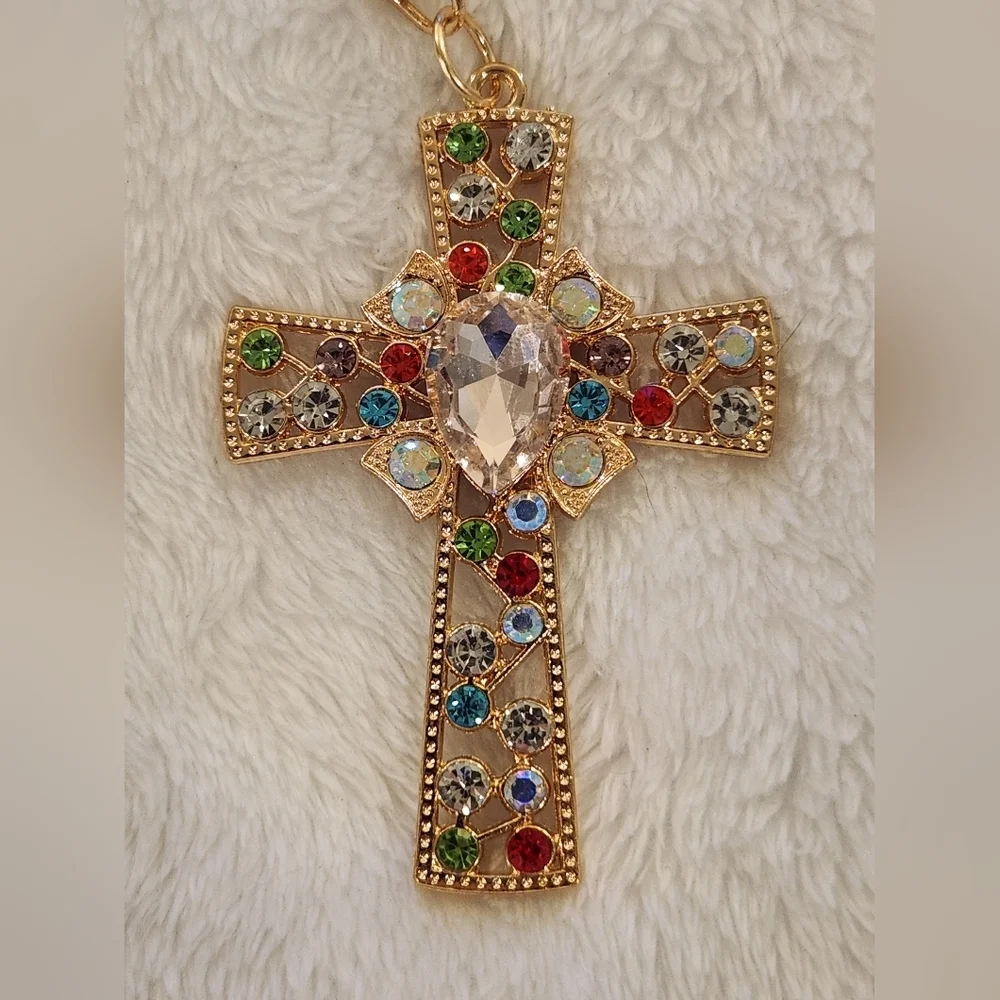 Gold Cross Keychain with Colorful Gems Bag Charm